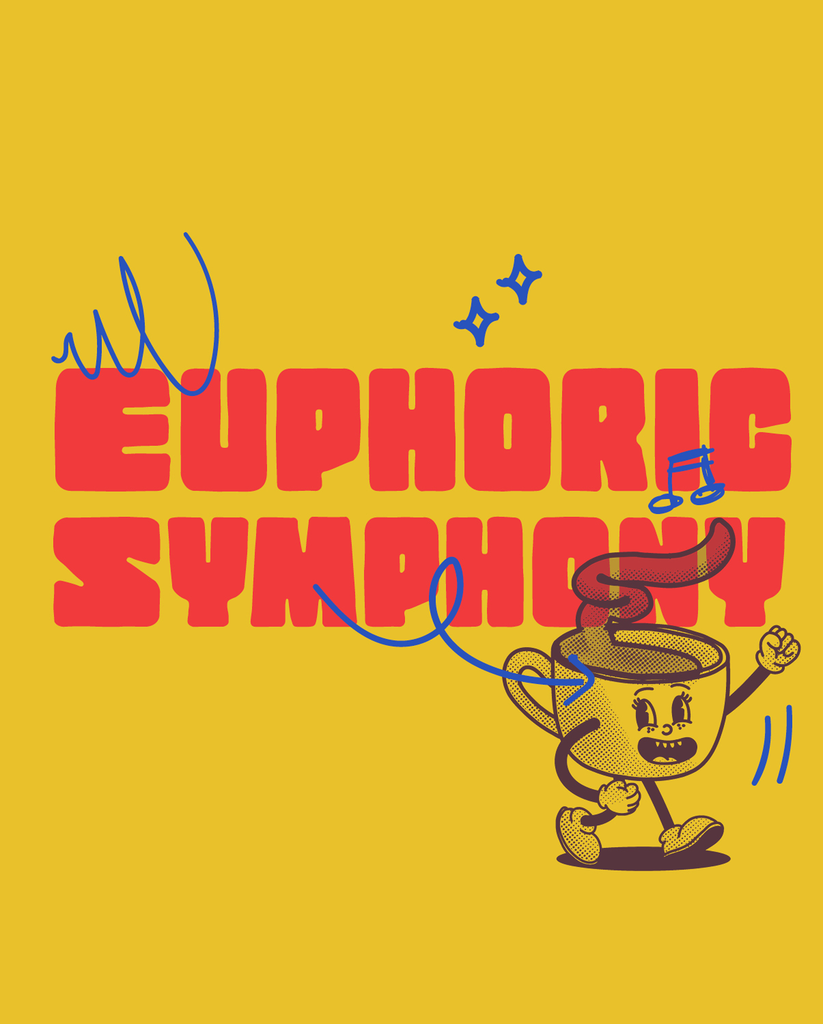 Illustration des Logos der Barista Lounge Kaffeemischung 'Euphoric Symphony' in roter Schrift auf gelbem Hintergrund. Ein dynamisches Cartoon-Maskottchen in Form einer Kaffeetasse läuft mit einer Energie, die musikalische Noten und Funken ausstrahlt, passend zum Namen 'Euphoric Symphony'