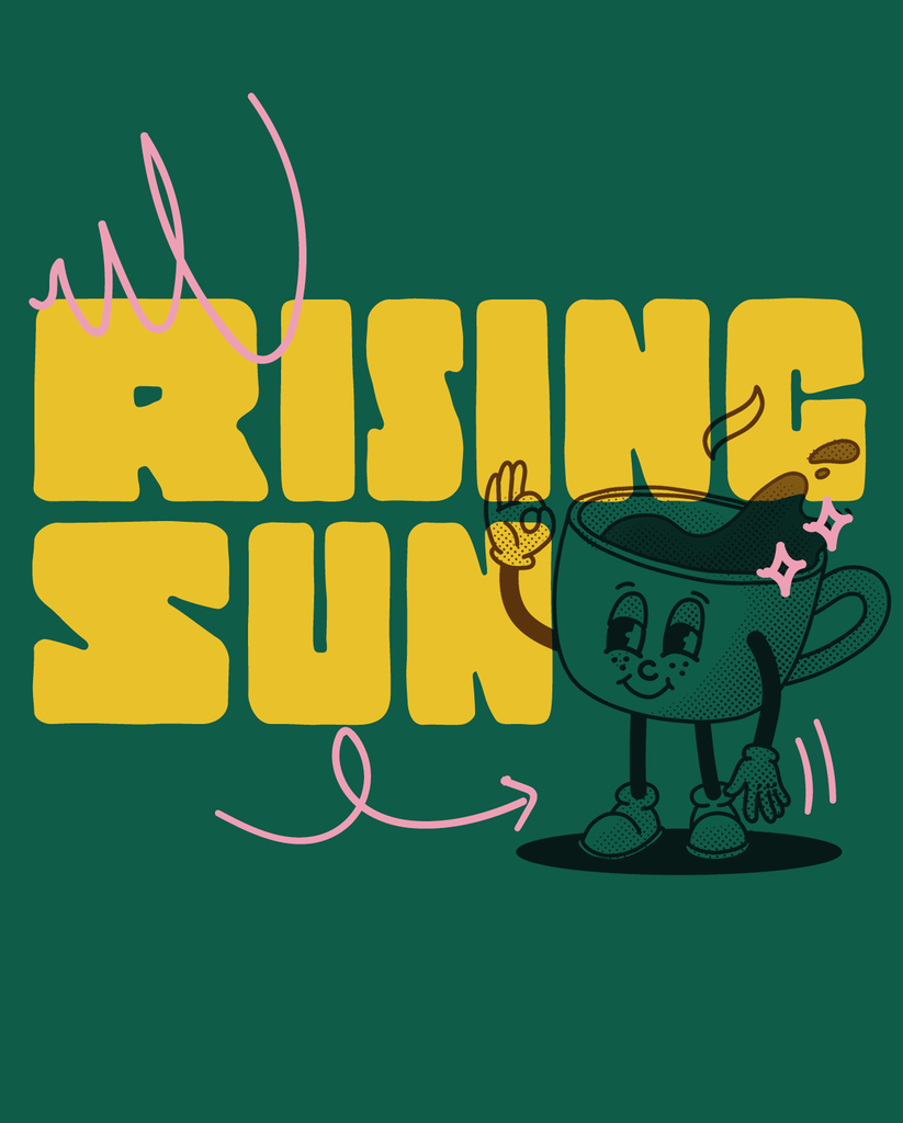 Illustration des Logos der Barista Lounge Kaffeemischung 'Rising Sun'. Gelber Schriftzug auf grünem Hintergrund, begleitet von einem Cartoon-Maskottchen in Form einer fröhlichen Kaffeetasse, das winkt und strahlt. Verspielte rosa Linien ergänzen das Design.