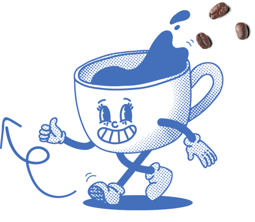 Illustration einer lächelnden Kaffeetasse in blauer Farbe mit Daumen hoch. Die Tasse läuft fröhlich, während ein paar Kaffeebohnen über ihr schweben. Die Grafik strahlt Dynamik und Freude aus und repräsentiert die lebendige Persönlichkeit der Marke Barista Lounge